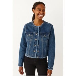 APNY DENIM JEAN JACKET COLLARLESS FRAY DETAIL BUTTON FRONT POCKETS DISTRESSING S